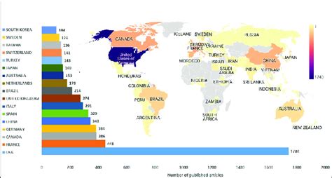 Global productivity world map showing the distribution of published ...