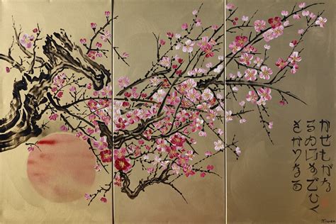 Japan Art Cherry Blossom and Sun Japanese Style Painting J205 Large ...