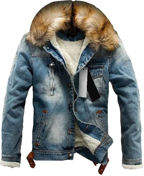 Hanmax Herren Jeansjacke Basic Stretch Jacke Mit Fell Kragen