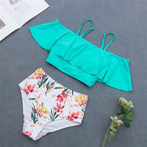 Women S Swimwear Retro Boho Flounce Falbala High Waisted Bikini Set Two Piece Chic Swimsuit