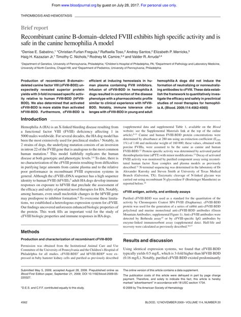 Pdf Recombinant Canine B Domain Deleted Fviii Exhibits High Specific