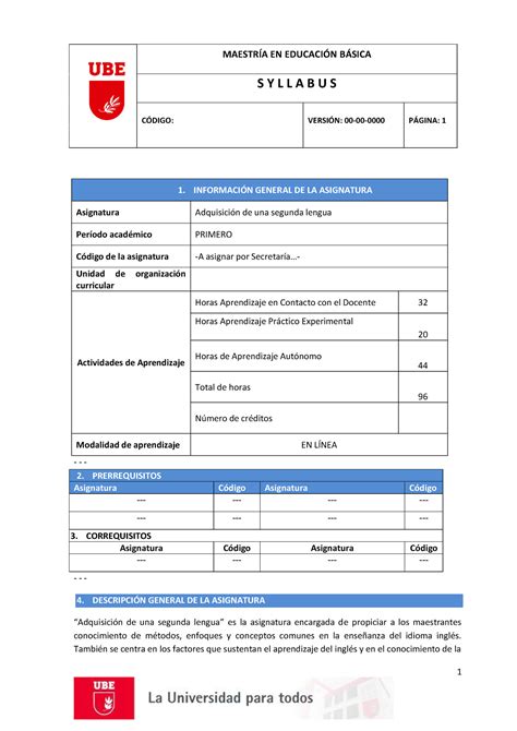 Programa Acquisci N De Una Segunda Lengua S Y L L A B U S Cdigo