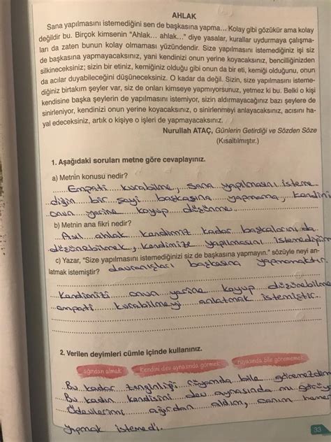 6 Sınıf Türkçe 1 Tema Erdemler Değerlendirme Soruları Cevapları Ata