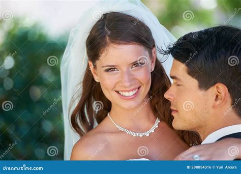 Portrait Bride And Groom Embrace At Wedding With Smile Love And Commitment At Reception