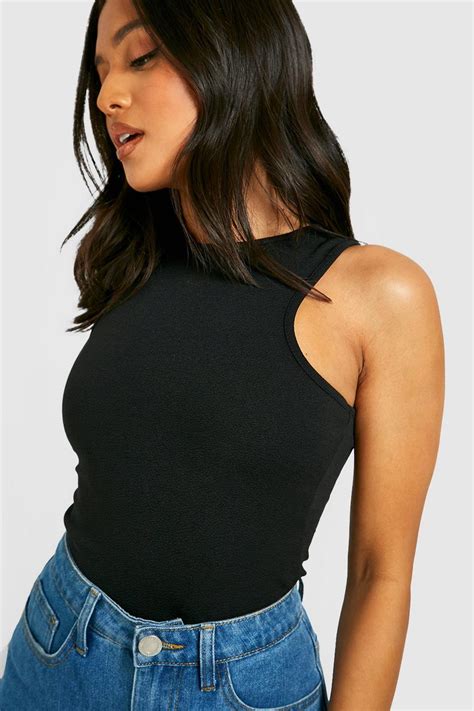 Black Petite Basic Racer Bodysuit Boohoo Uk