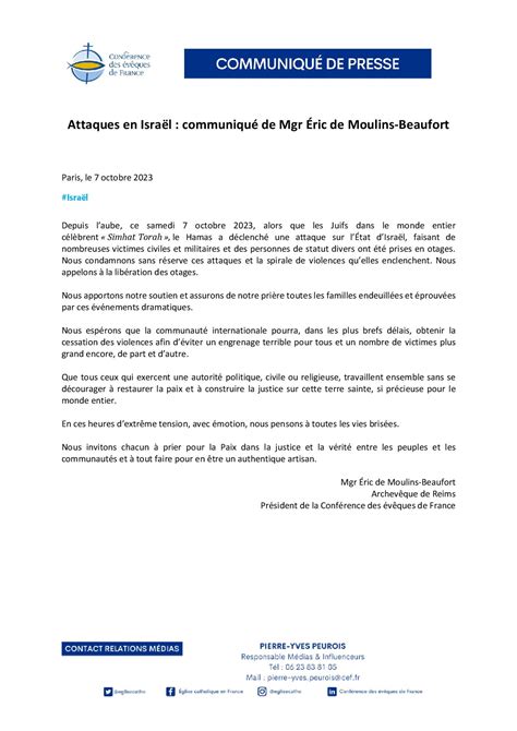 Attaques En Isra L Communiqu De Mgr Ric De Moulins Beaufort