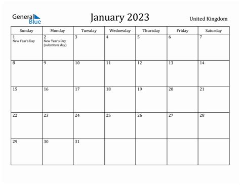 Editable January 2023 Calendar with United Kingdom Holidays