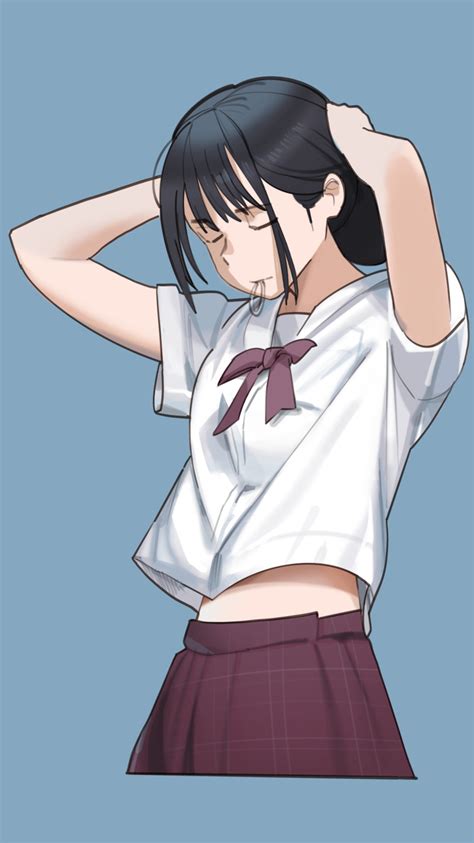 Safebooru 1girl Absurdres Arms Up Bangs Black Hair Blue Background Breasts Brown Skirt Closed