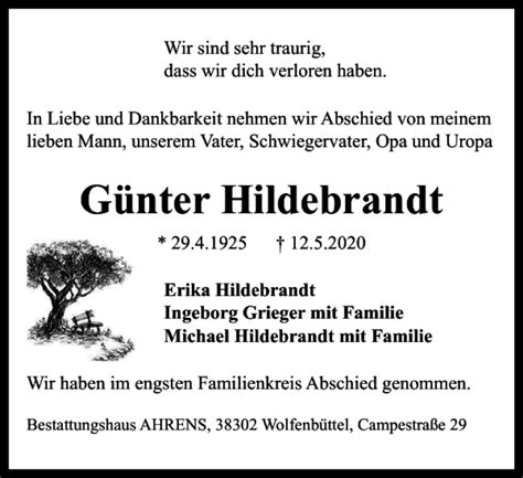 Traueranzeigen von Günter Hildebrandt trauer38 de