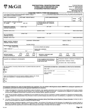 Fillable Online Mcgill POSTDOCTORAL REGISTRATION FORM McGill