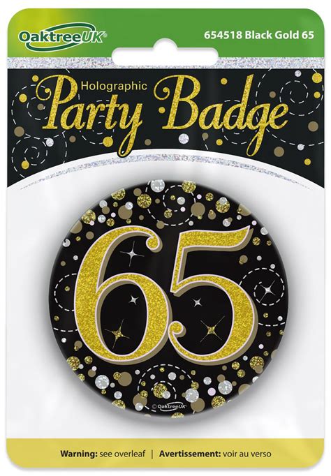 Oaktree 3inch Badge 65th Birthday Sparkling Fizz Black Gold