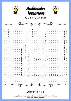 Archimedes Inventions : Word Search Challenge Worksheet by PixelProse Haven