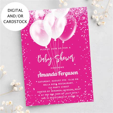 Baby Shower Girl Hot Pink White Balloons Invitation Zazzle