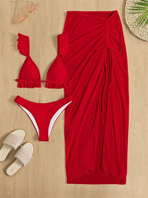 Shein Swim Summer Beach Solid Bikini Set Frill Trim Top Cheeky Bottom Beach Skirt Piece