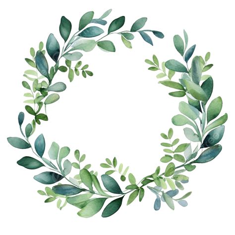 Watercolor Green Eucalyptus Leaves Circle Wreath Frame Watercolor