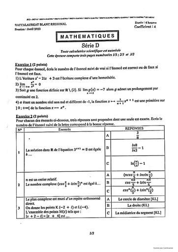 Bac Blanc 2023 Serie D Maths Gagnoa By Tehua Pdf