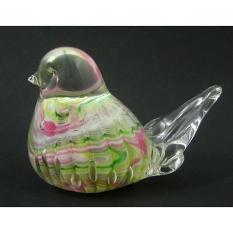 Signed Joe St Clair Art Glass Bird Paperweight In Pink Green White