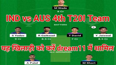 Ind Vs Aus 4th T20i Dream 11 Winning Team Captain And Vice Captainभारत