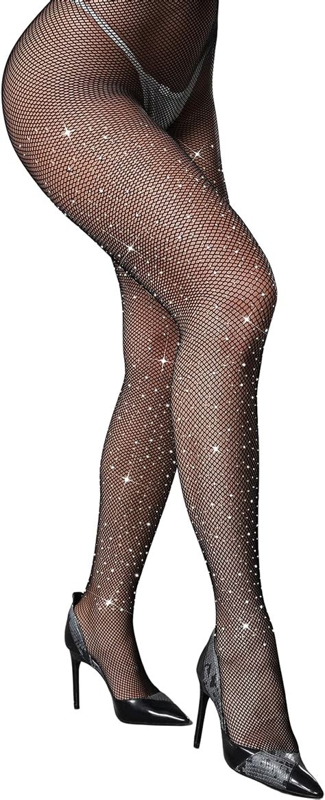 Chrleisure Womens Sparkle Rhinestone Fishnets Sexy Sparkly Glitter