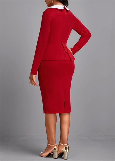 Wine Red Patchwork Long Sleeve Square Neck Bodycon Dress Modlily