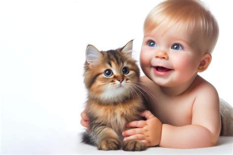 Premium Photo | Baby playing with a cat isolated on a white background