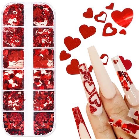 12 Grids Red Heart Nail Glitter Sequins 3D Heart Nail Art Stickers Love ...