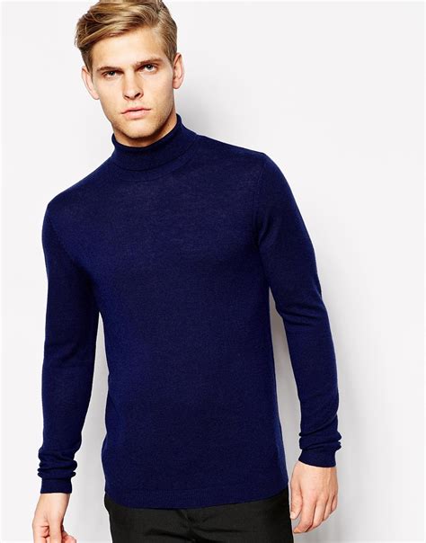 Lyst Asos Merino Roll Neck Jumper In Blue For Men