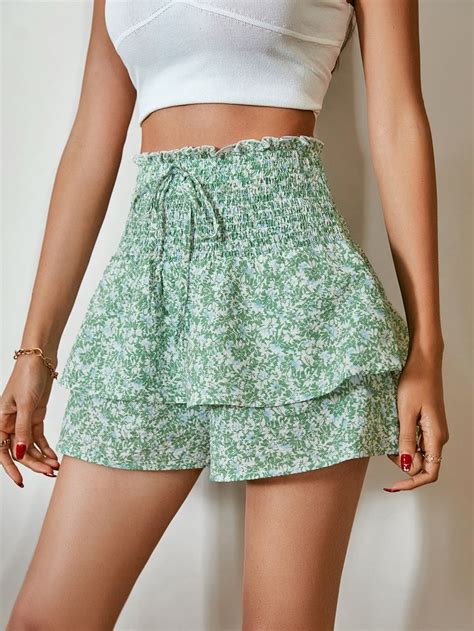 Shorts Floral Dits Cintura Do Saco De Papel Amarra O Frontal Duas