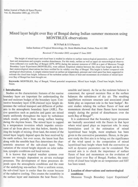 Pdf Mixed Layer Height Over Bay Of Bengal During Indian Summer