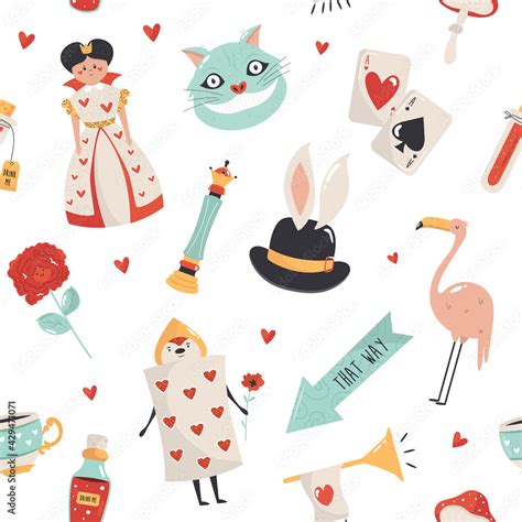 Seamless Pattern With Symbols From Alice In Wonderland Stock Vector