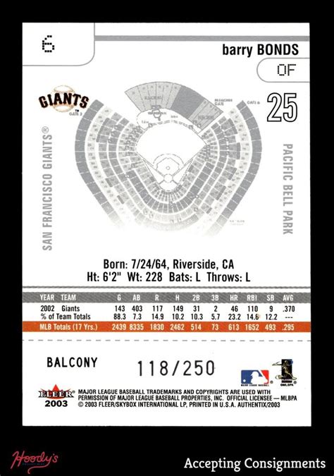 2003 Fleer Authentix Balcony 6 Barry Bonds 118 250 GIANTS EBay