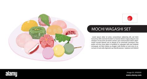 Mochi On Plate Set Traditional Japanese Sweet Rice Cakes Wagashi