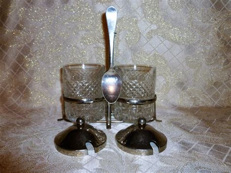 Condiment Jars With Silver Plate Lids Spoons And Caddy