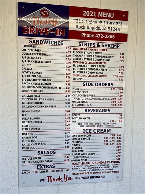 Menu At JJ S Drive In Restaurant Rock Rapids