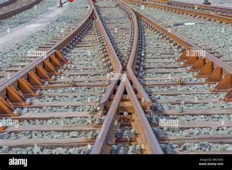 Train Railroad Tracks Intersection Close Up Stock Photo Alamy