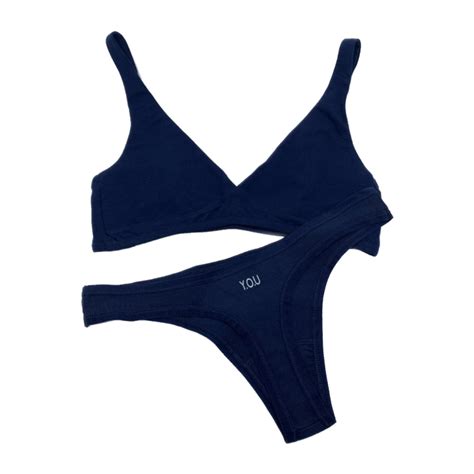 Womens Organic Cotton Matching Bralette And Thong Set Navy Blue Y