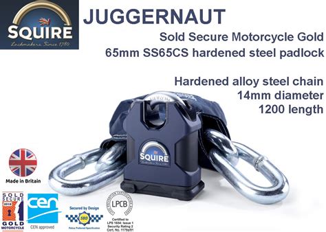 Squire Juggernaut Sold Secure Motorcycle Gold Padlock And Chain Set