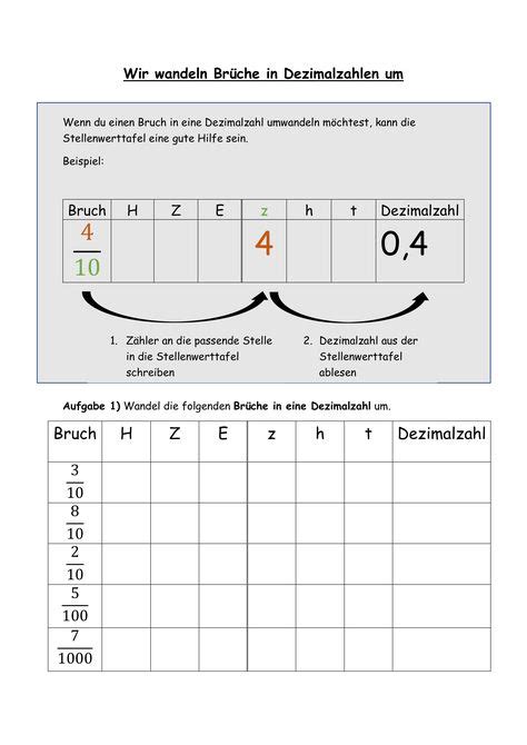 Arbeitsblatt Br Che In Dezimalzahlen Umwandeln