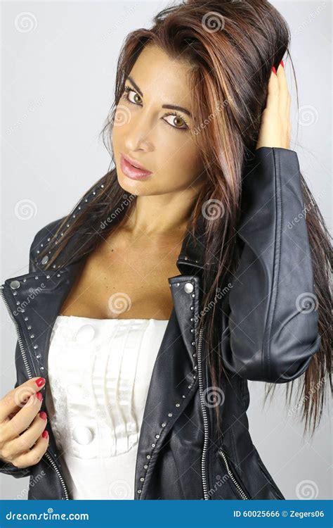 Beautiful Brunette Wearing Leather Jacket Stock Photo Image Of Studio