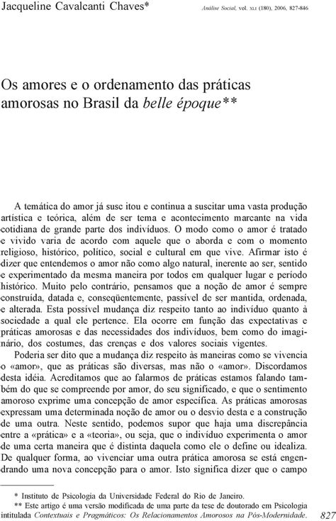 Os Amores E O Ordenamento Das Práticas Amorosas No Brasil Da Belle