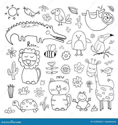 Animal Doodles Set. Cute Animals Sketch Stock Vector - Illustration of ...