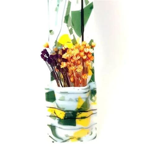 New Green Yellow And White Glass Wall Vase With Dried Flowers Water Tight For R Glass Wall