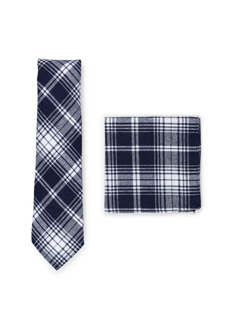 Tartan Tie Hanky Set Matching Skinny Tie And Pocket Square Blue