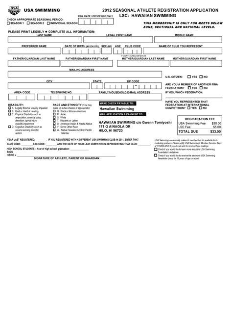 Fillable Online 2012 Application Seas Athlete TeamUnify Fax Email