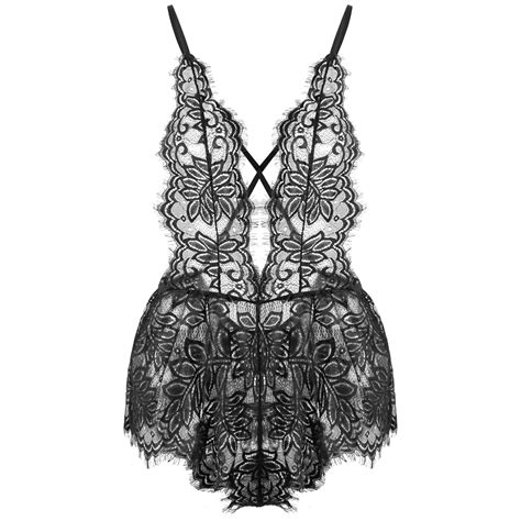 Eyelash Lace Spaghett Strap Bodysuit Women Deep V Neck Teddy Lingerie Pq