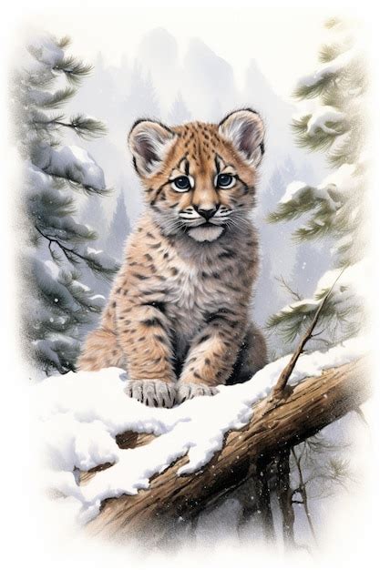 Premium Ai Image Painting Of A Baby Lynx Sitting On A Tree Branch In