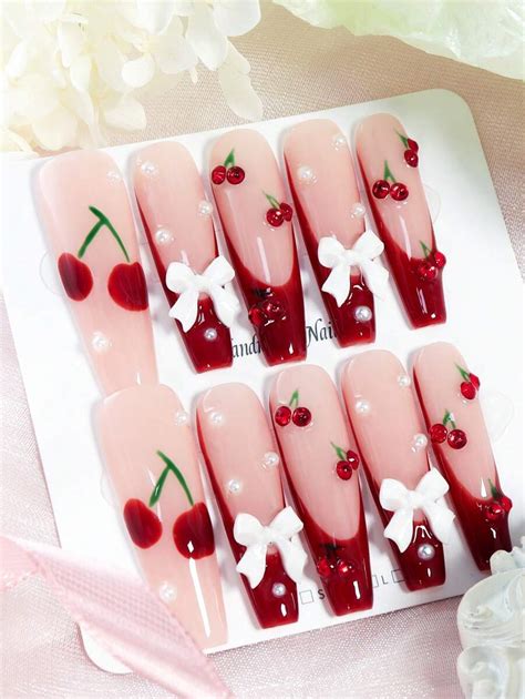 Valentines Nails 10Pcs Handmade Press On Nails Long Coffin Nails With