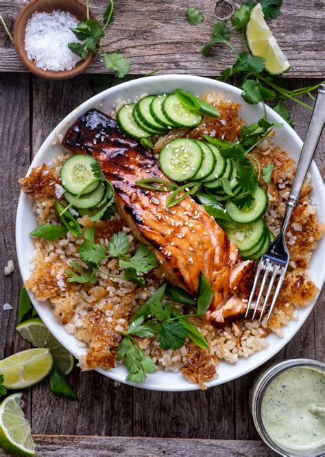 Crunchy Brown Rice Bowls With Salmon And Herbed Tahini Dressing ~ Wandering Chickpea