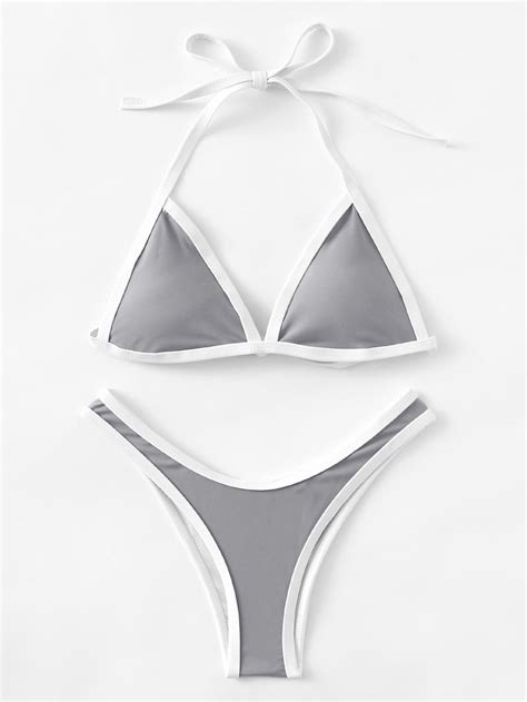 Shop Contrast Piping Triangle Bikini Set Online SheIn Offers Contrast