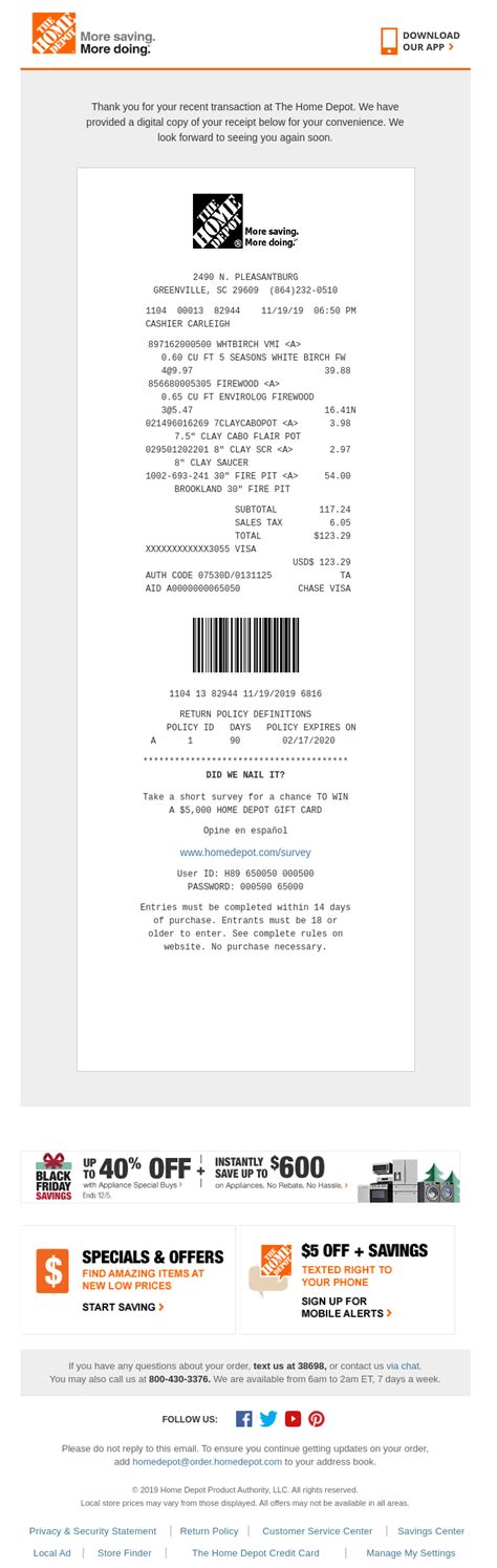 Your Electronic Receipt From The Home Depot Desktop Email View